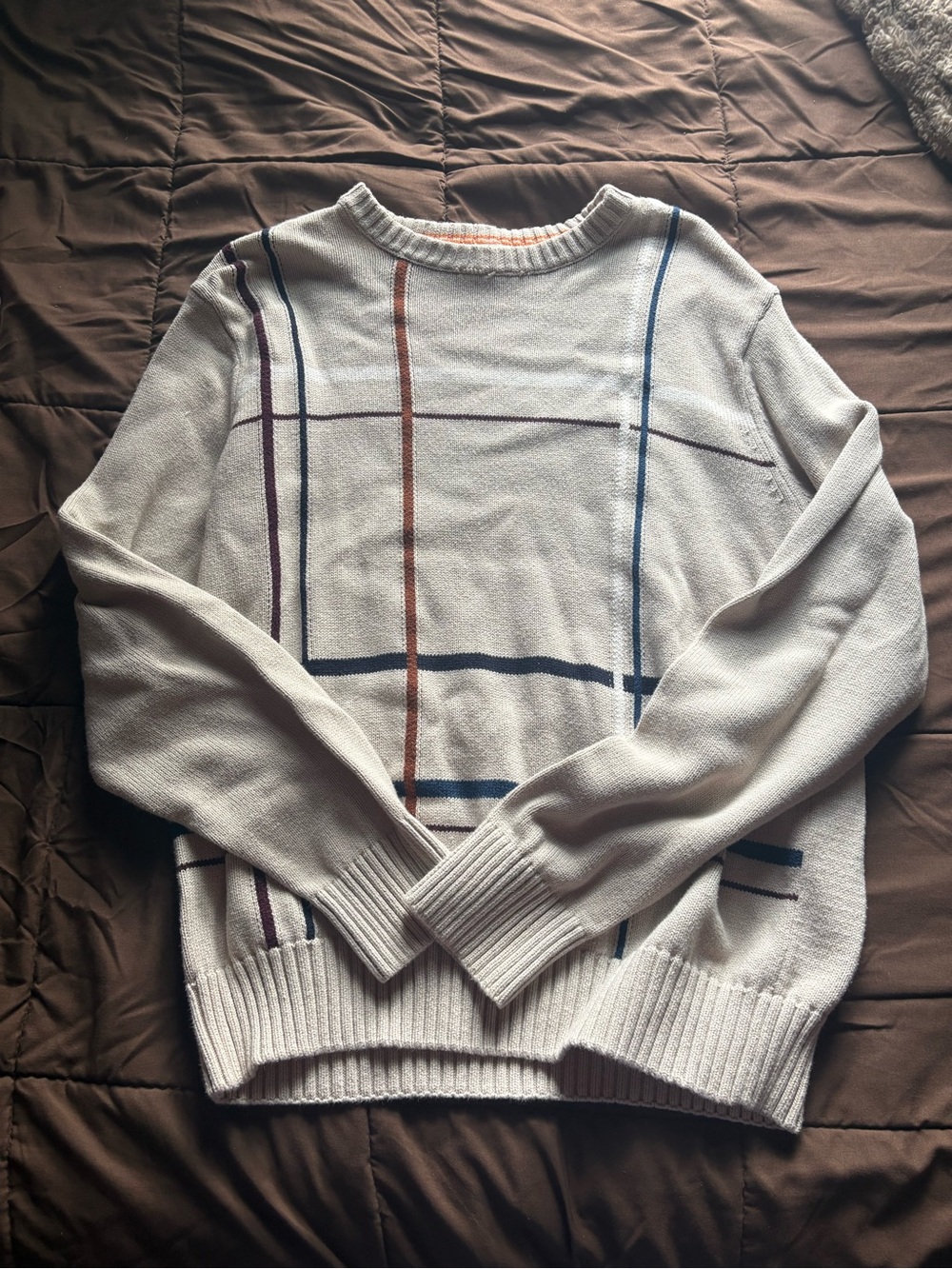 Women’s Cream Windowpane Knit Sweater - Classic Crewneck